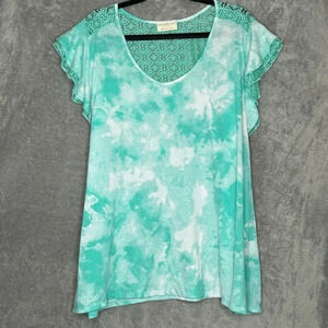 Bobbie Brooks 3X Shirt‎ Top Blue Tie Dye Flutter Cap Short Sleeve V Neck